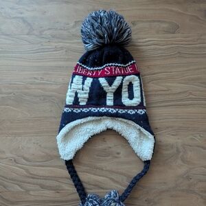 Robin Ruth Navy Blue Knit Beanie Hat with Ear Flaps and Pom-Pom